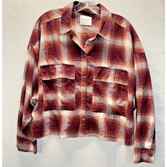 Abercrombie & Fitch Tops - Abercrombie Fitch Soft AF Burgandy Plaid Boxy Cropped Flannel Large
